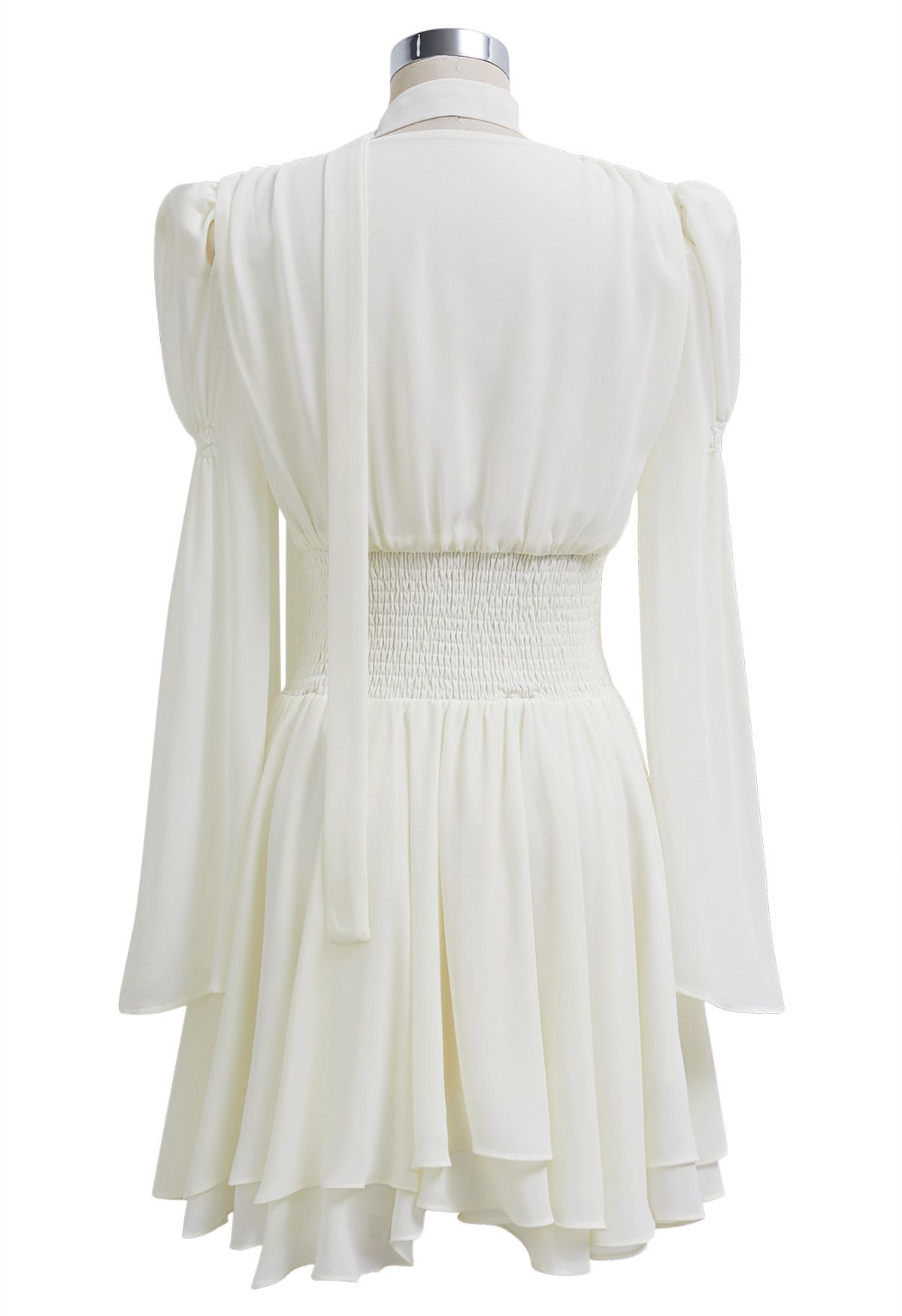 Faux-Wrap Flare Sleeve Asymmetric Chiffon Mini Dress with Sash in Ivory