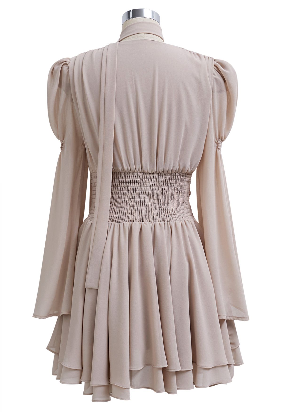 Faux-Wrap Flare Sleeve Asymmetric Chiffon Mini Dress with Sash in Nude Pink