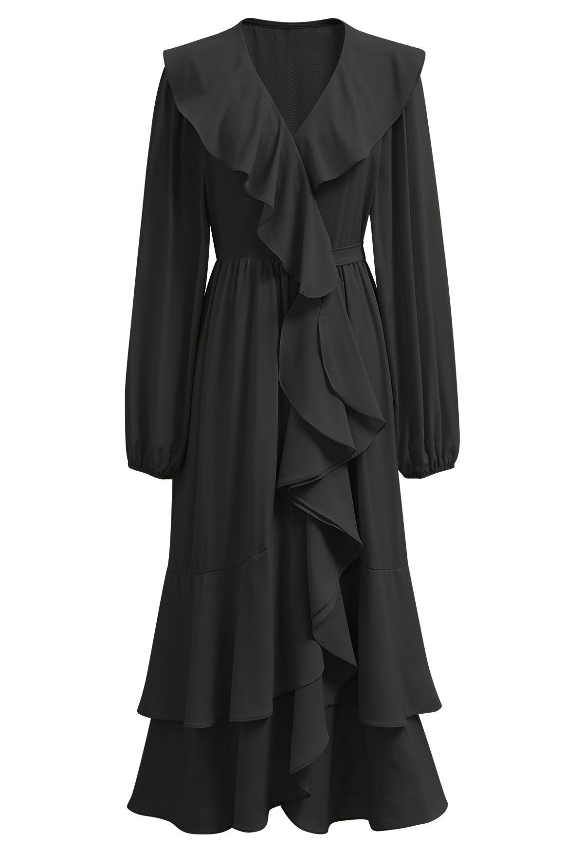 Self-Tie Wrap Tiered Ruffle Midi Dress in Black