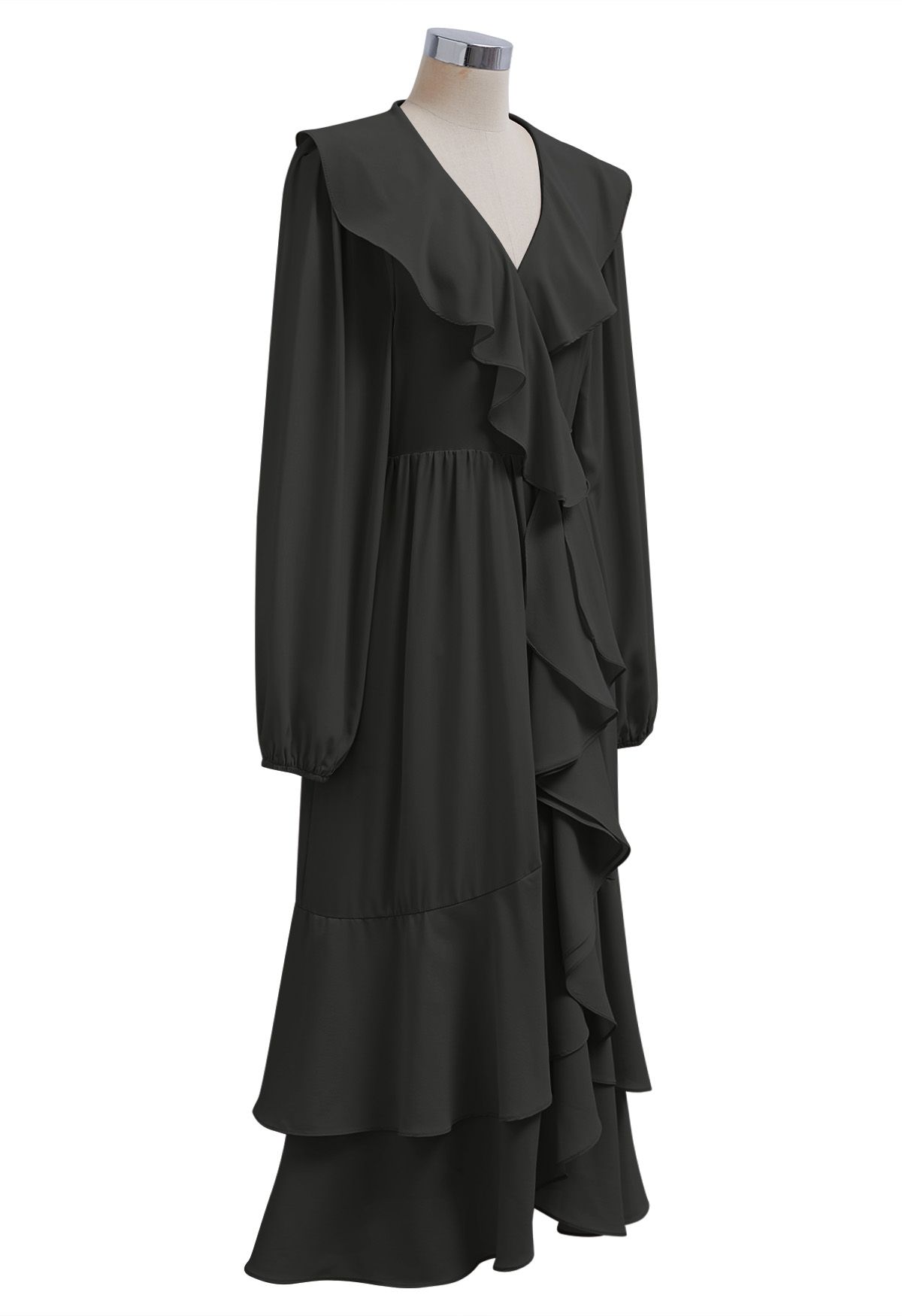 Self-Tie Wrap Tiered Ruffle Midi Dress in Black