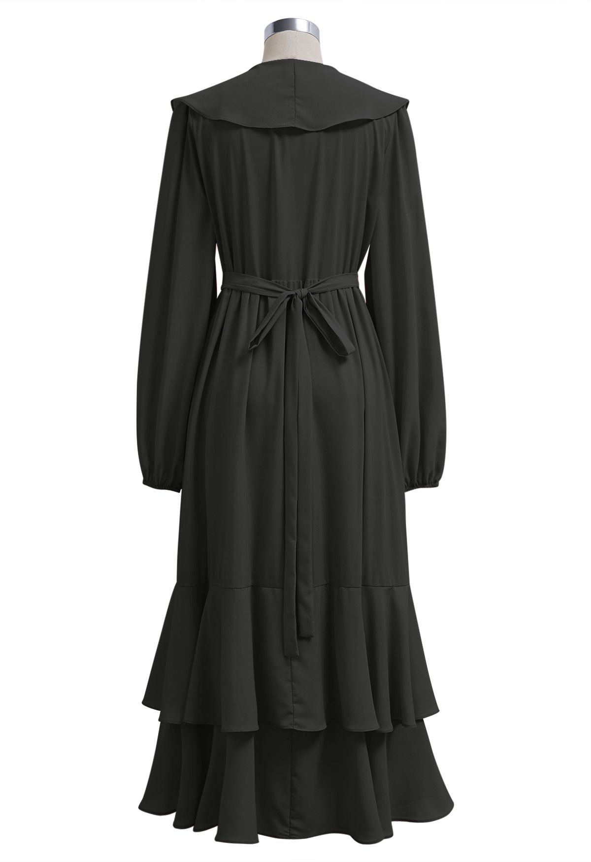 Self-Tie Wrap Tiered Ruffle Midi Dress in Black