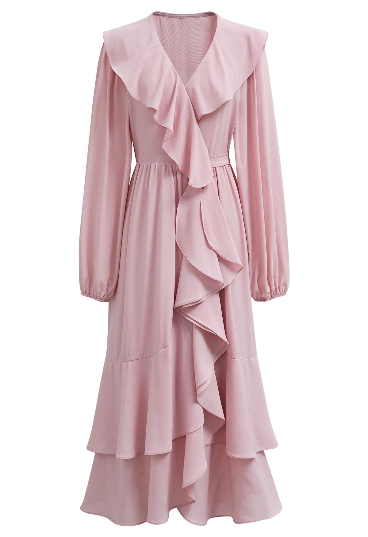 Self-Tie Wrap Tiered Ruffle Midi Dress in Light Pink