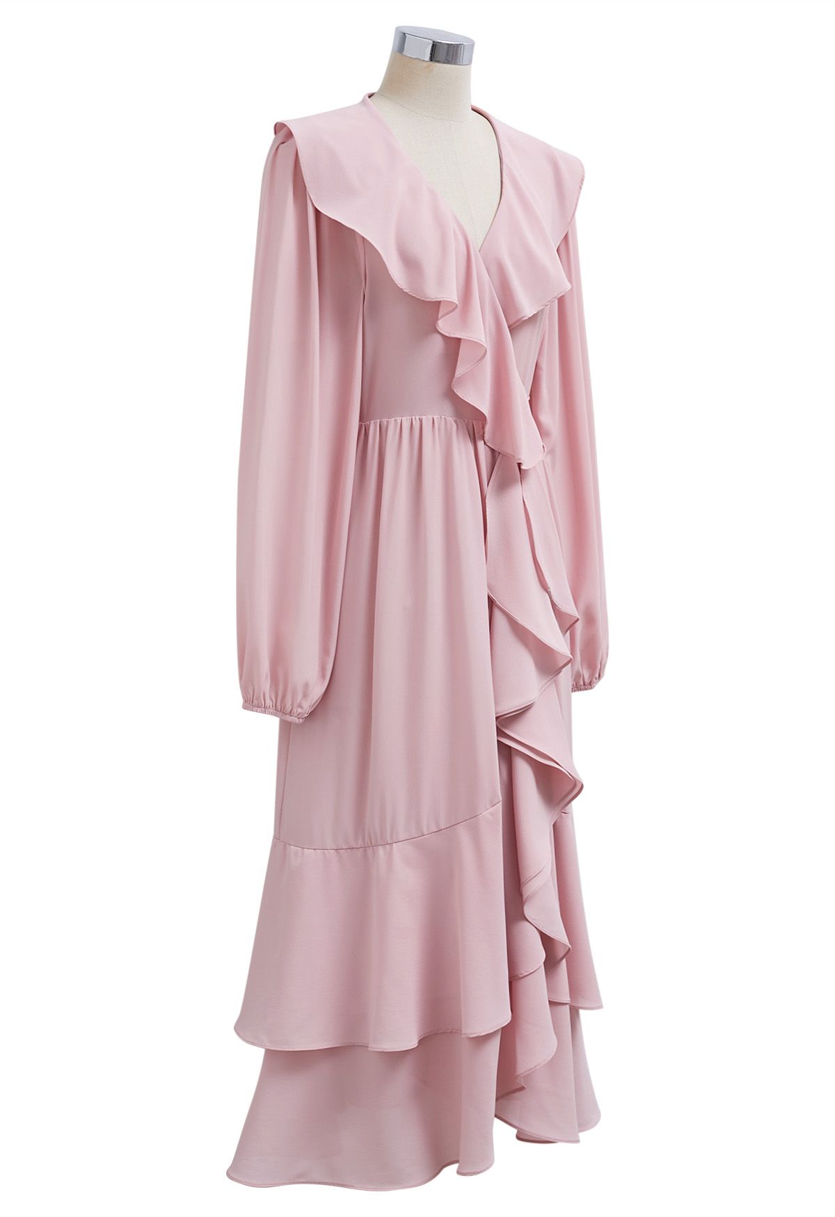 Self-Tie Wrap Tiered Ruffle Midi Dress in Light Pink