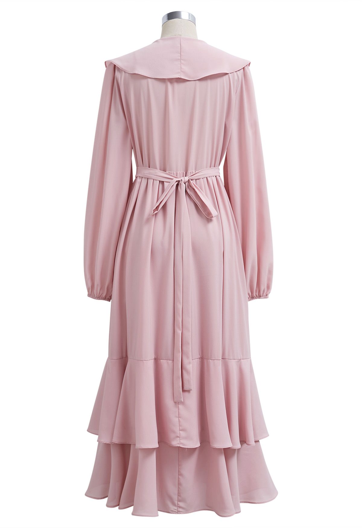 Self-Tie Wrap Tiered Ruffle Midi Dress in Light Pink