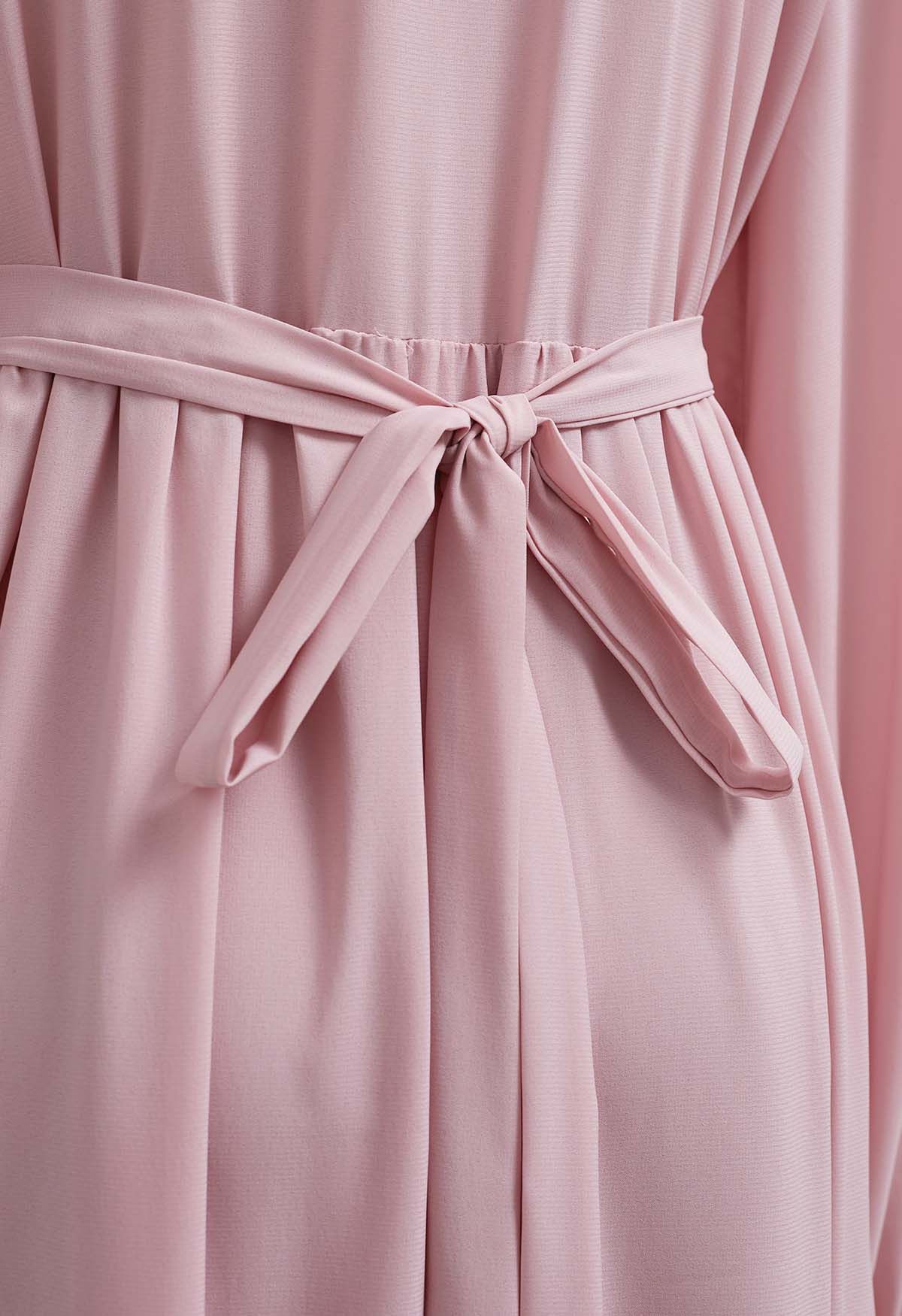 Self-Tie Wrap Tiered Ruffle Midi Dress in Light Pink