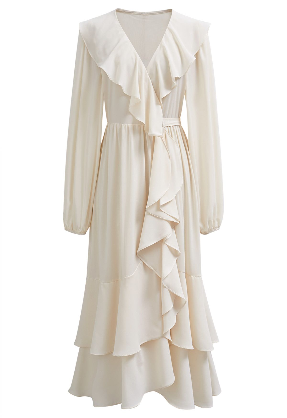 Self-Tie Wrap Tiered Ruffle Midi Dress in Cream