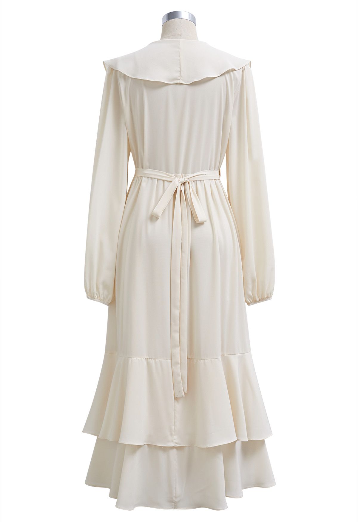 Self-Tie Wrap Tiered Ruffle Midi Dress in Cream