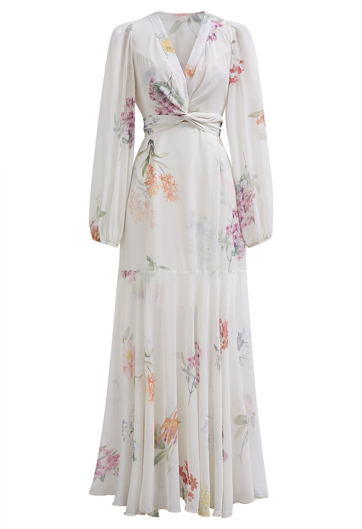 Watercolor Botanical Printed Crisscross Cutout Self-Tie Chiffon Maxi Dress