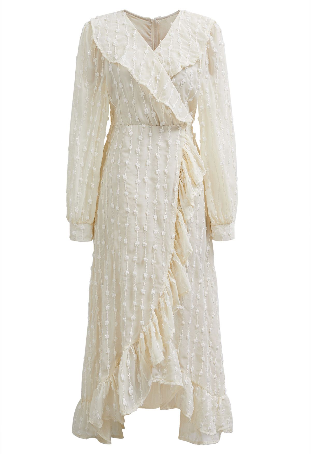 Shimmer Fringe Flock Dot Ruffle Faux-Wrap Dress in Cream