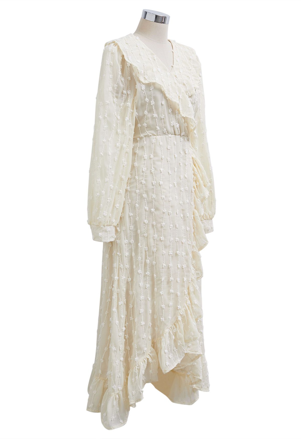 Shimmer Fringe Flock Dot Ruffle Faux-Wrap Dress in Cream