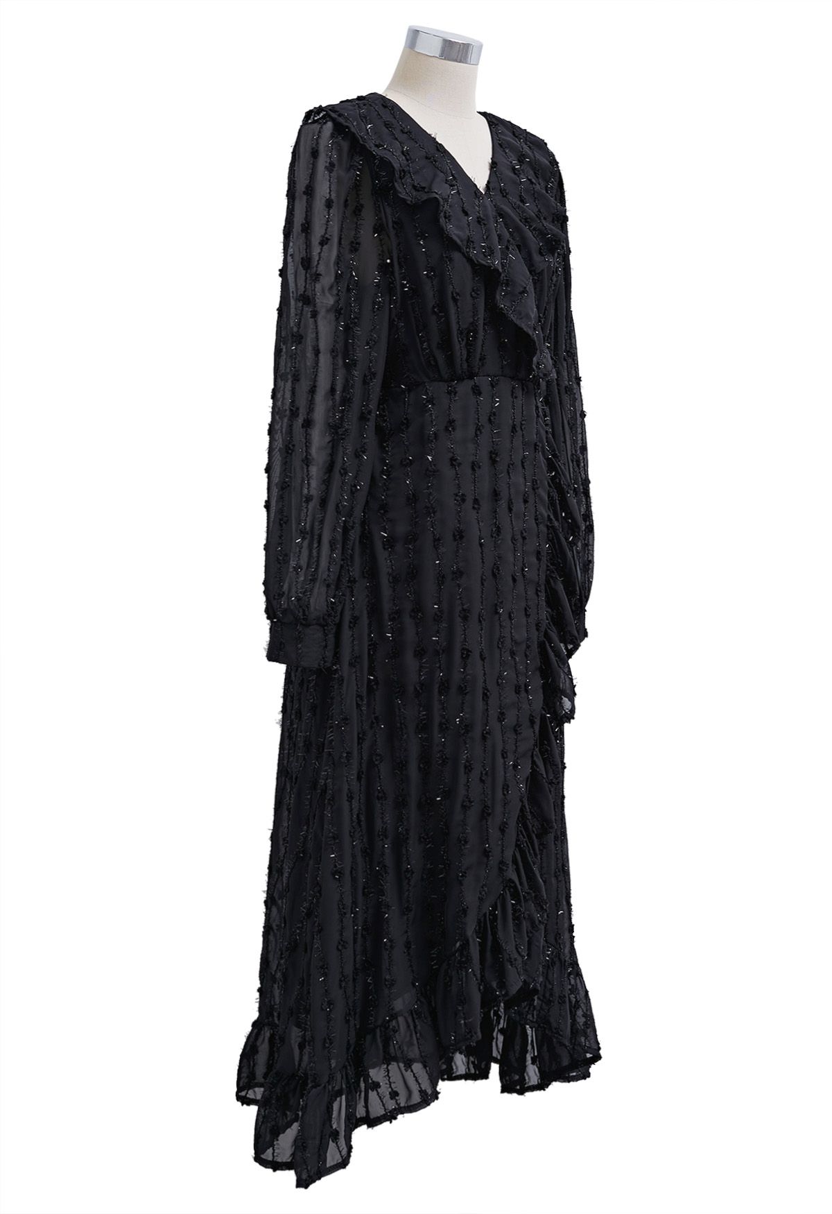 Shimmer Fringe Flock Dot Ruffle Faux-Wrap Dress in Black