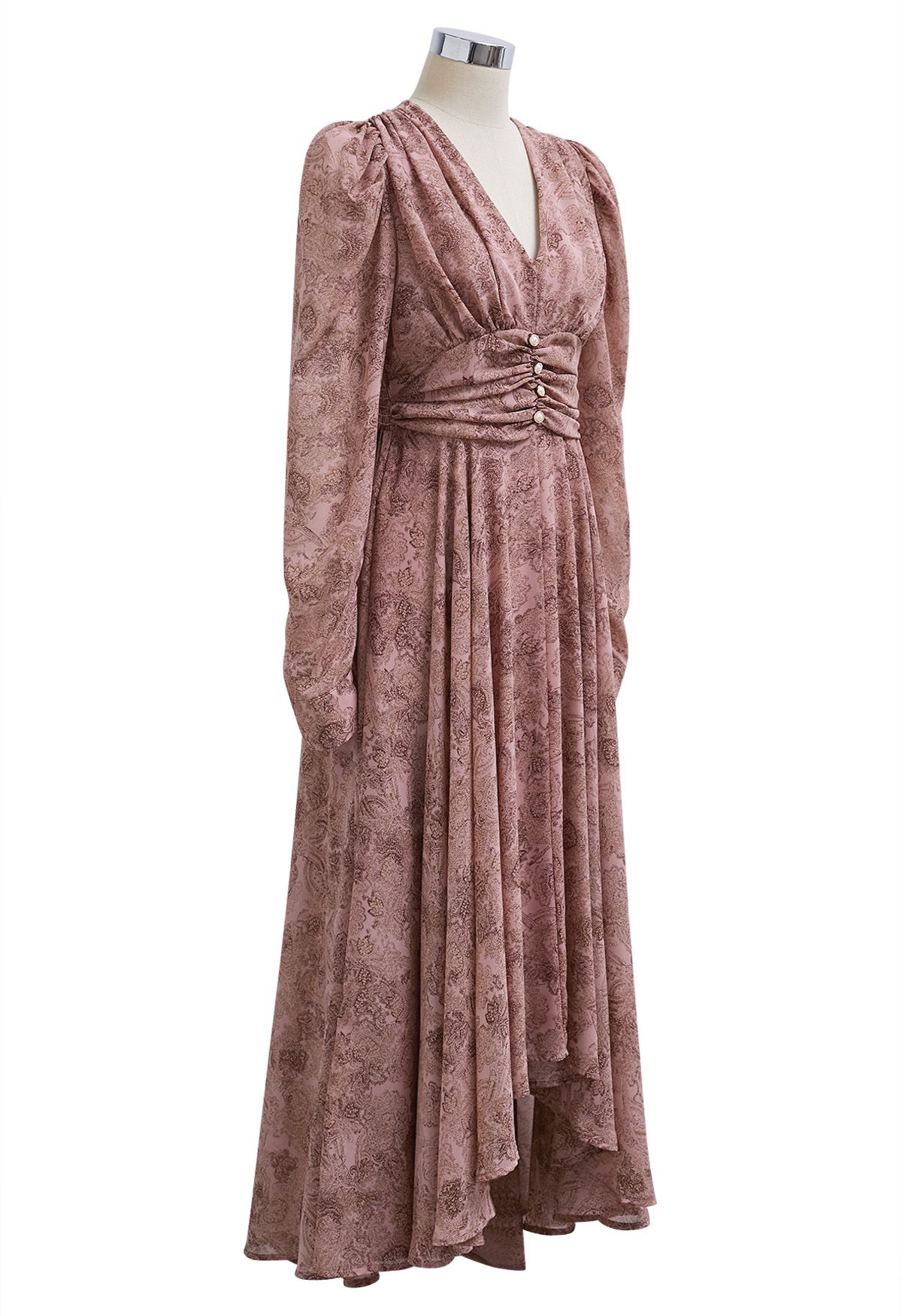 Rustic Floral V-Neck Asymmetric Chiffon Maxi Dress in Pink