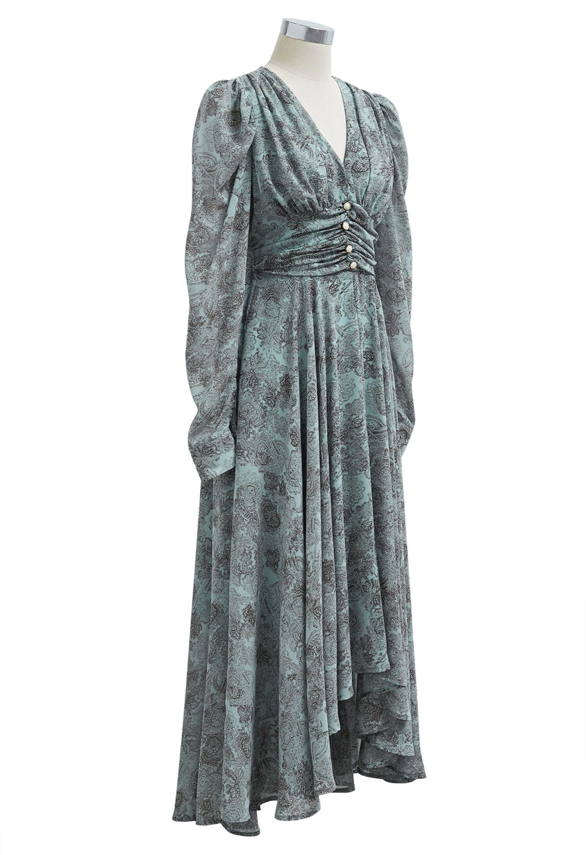 Rustic Floral V-Neck Asymmetric Chiffon Maxi Dress in Teal