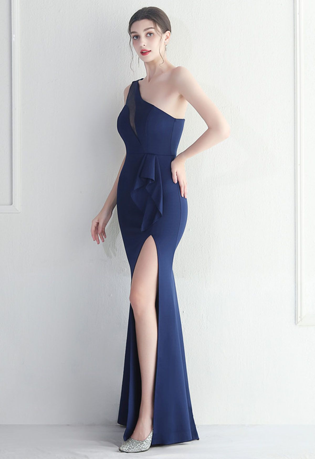 One-Shoulder Mesh Panel Ruffle Split Gown in Navy