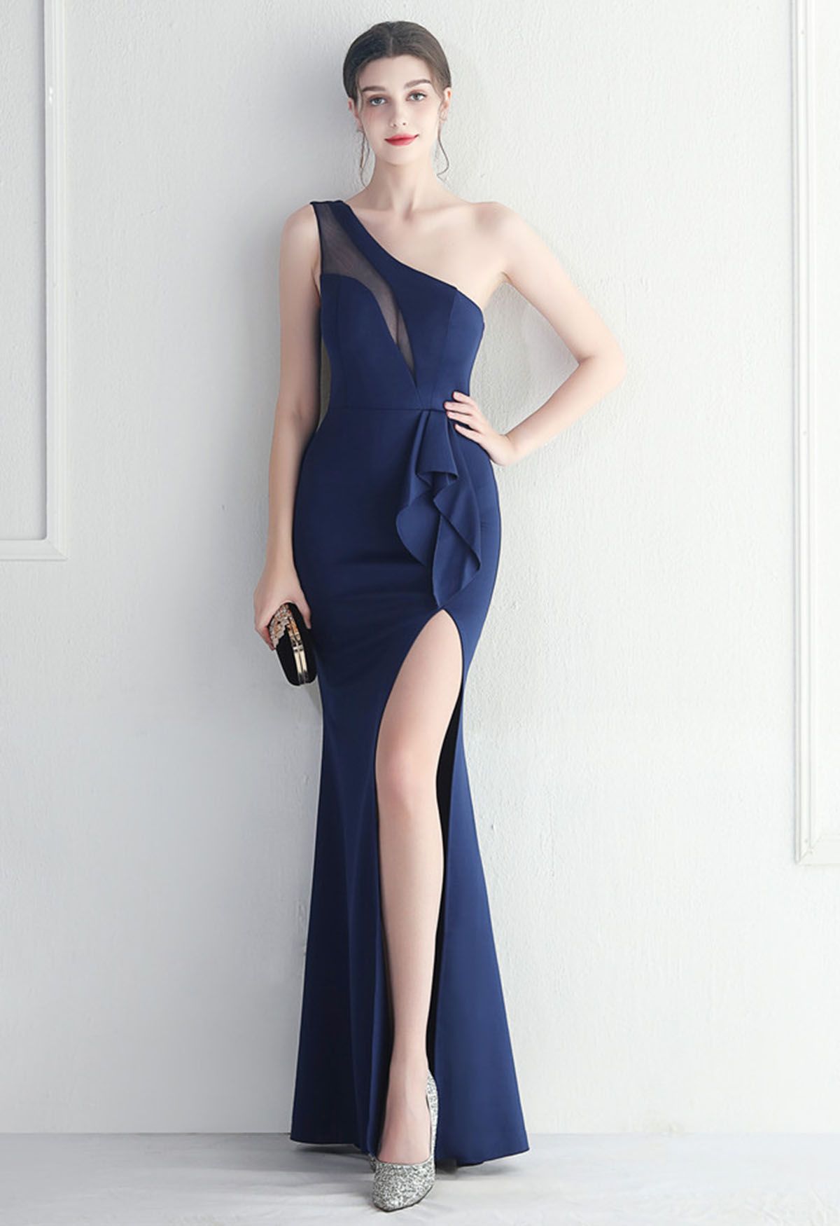 One-Shoulder Mesh Panel Ruffle Split Gown in Navy