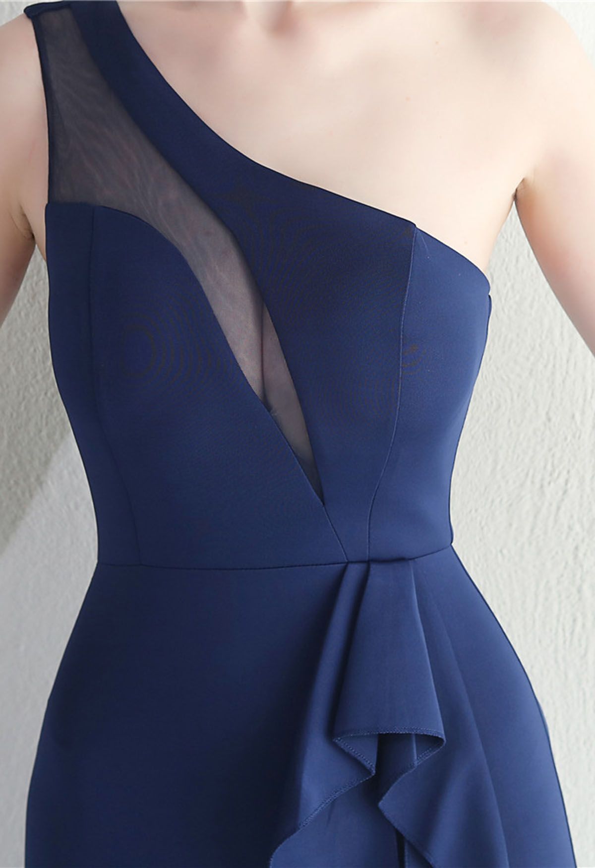 One-Shoulder Mesh Panel Ruffle Split Gown in Navy