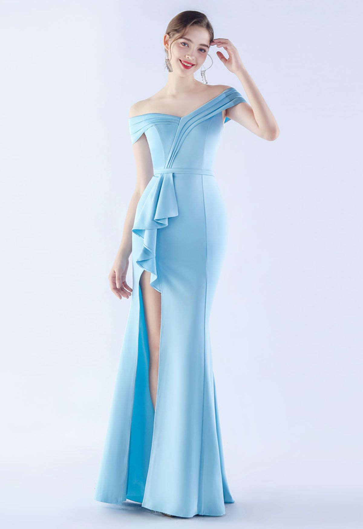 Off-Shoulder Front Slit Satin Gown in Baby Blue