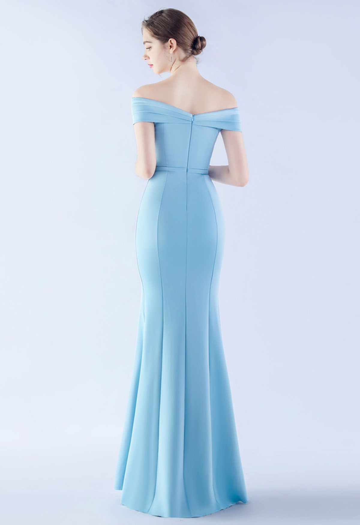 Off-Shoulder Front Slit Satin Gown in Baby Blue