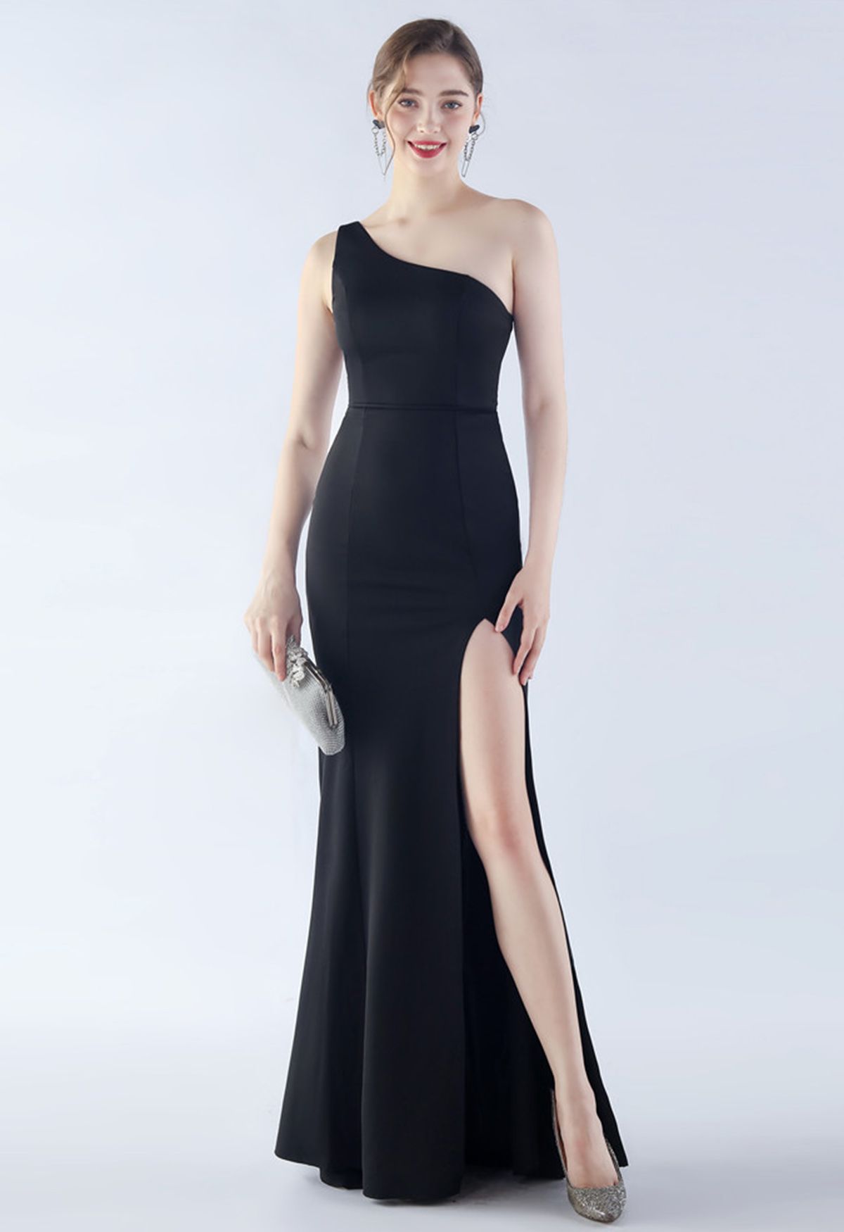 Satin Finished One-Shoulder Slit Mermaid Gown in Black