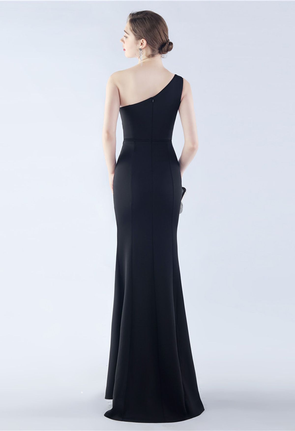 Satin Finished One-Shoulder Slit Mermaid Gown in Black