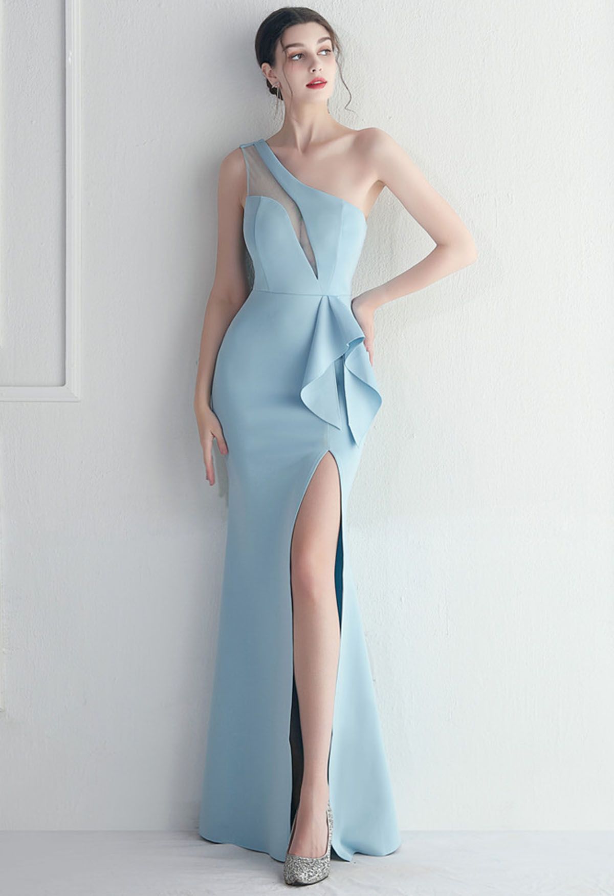  V Neck Split Baby Blue Formal Gowns Evening Dresses
