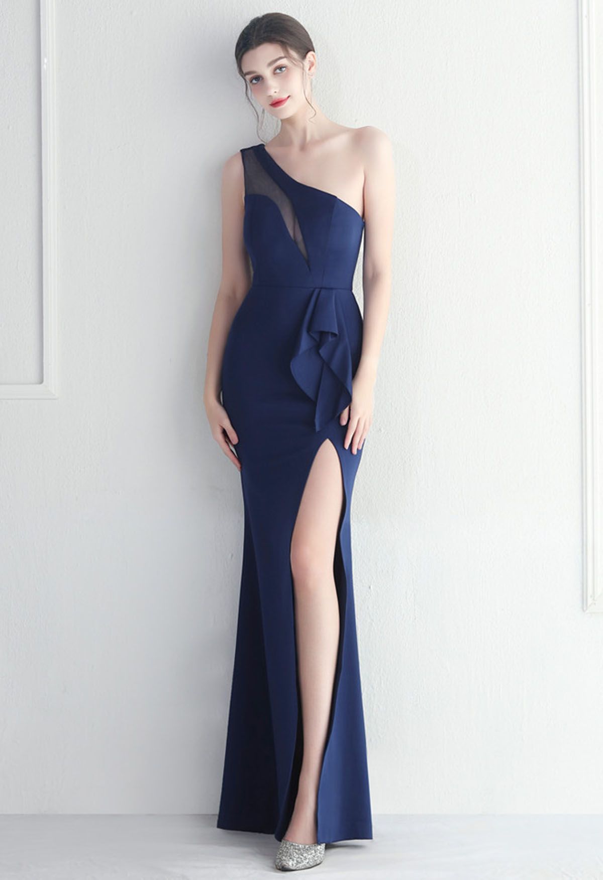 One-Shoulder Mesh Panel Ruffle Split Gown in Navy