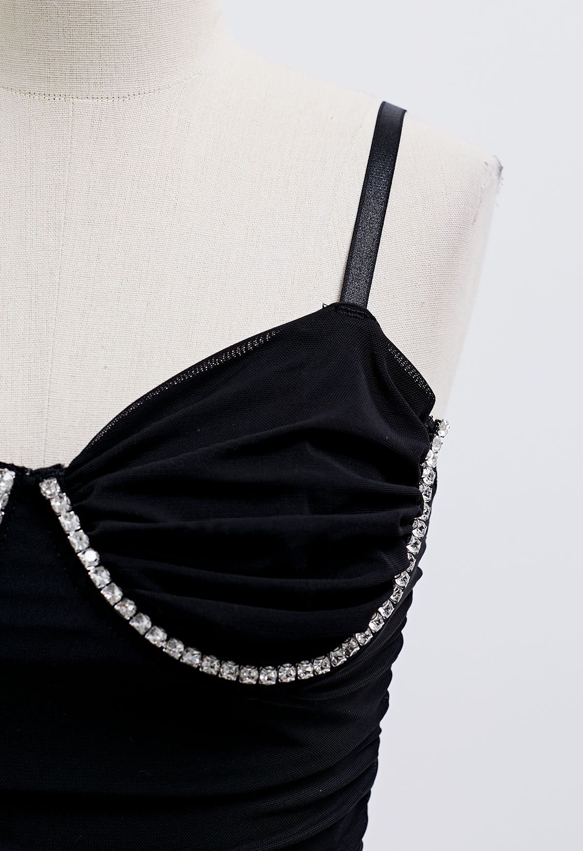 Rhinestone Embellished Ruched Mesh Bustier Top