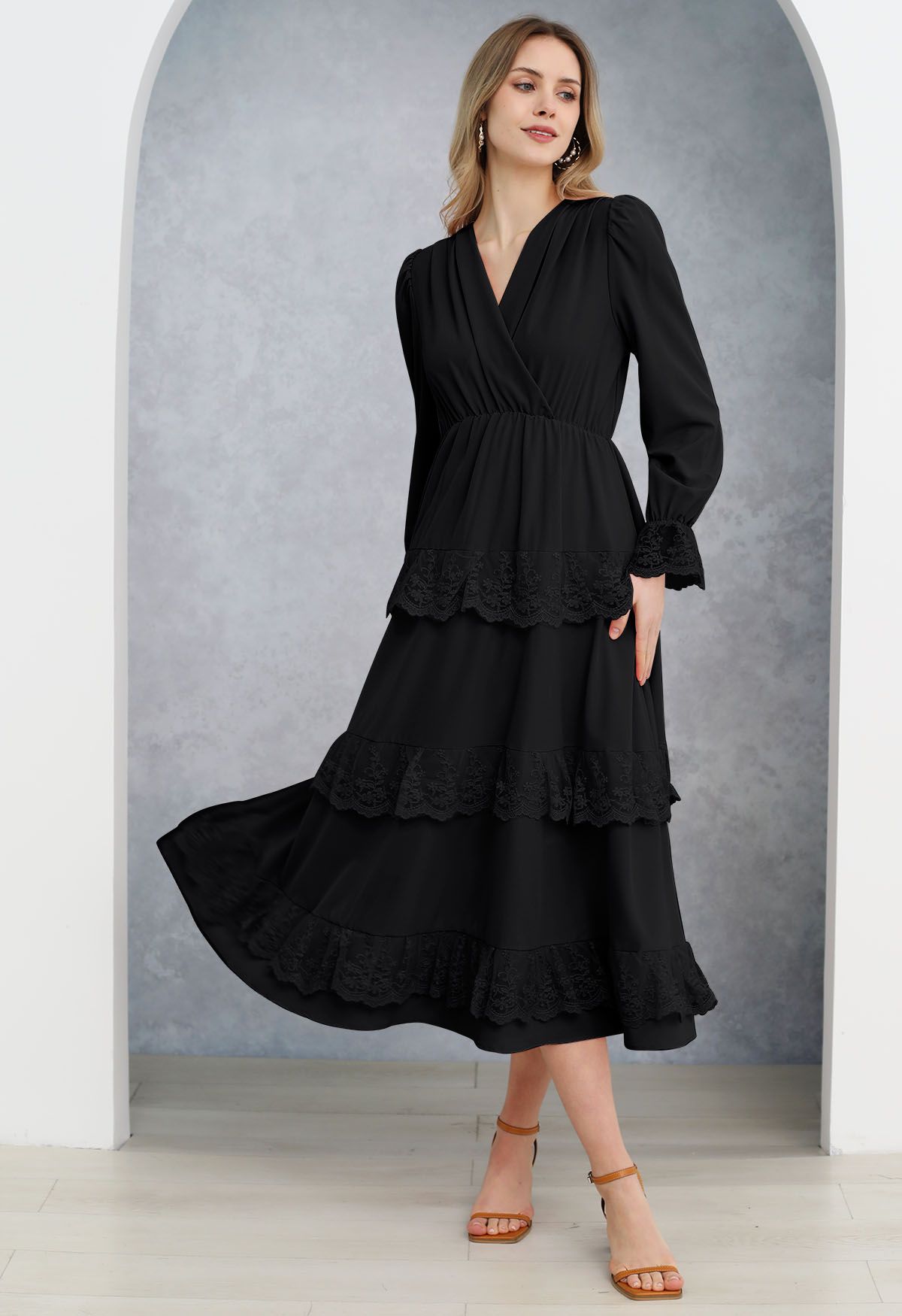 Lace Tiered Wrap Chiffon Midi Dress in Black - Retro, Indie and