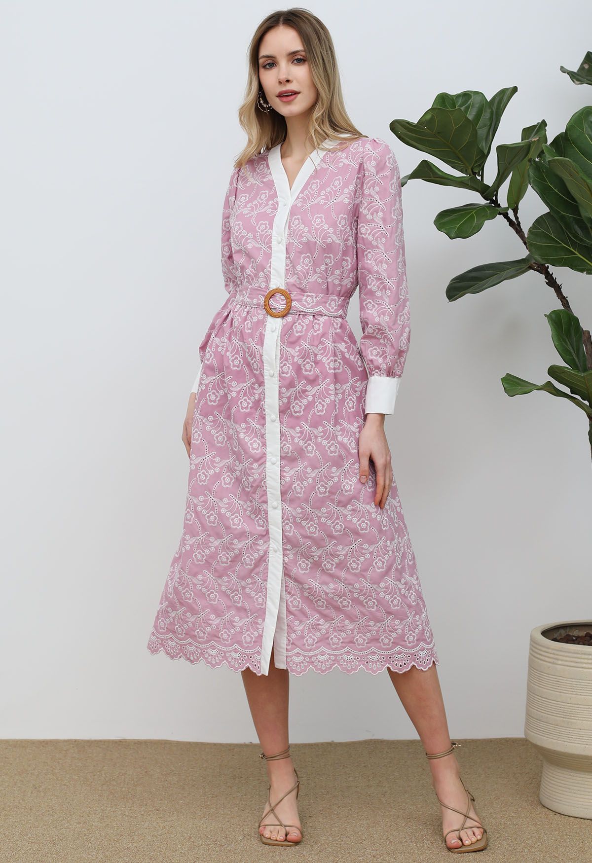 Dancing Floret Embroidered Button Down Dress in Pink