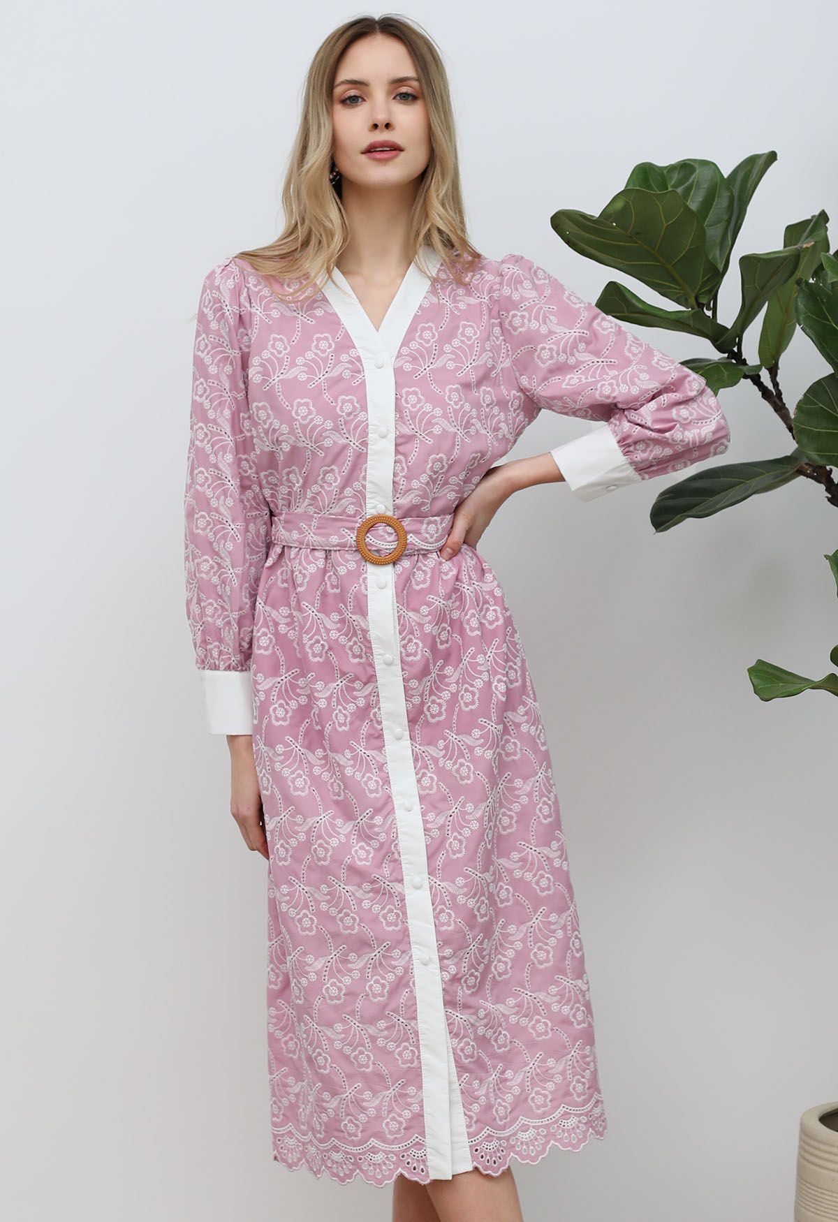 Dancing Floret Embroidered Button Down Dress in Pink