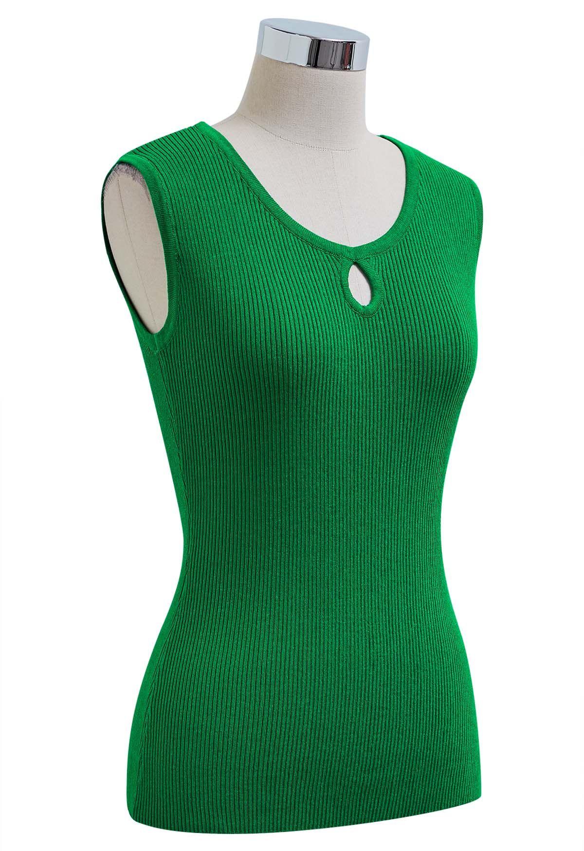 Cutout Detailing Sleeveless Knit Top in Green