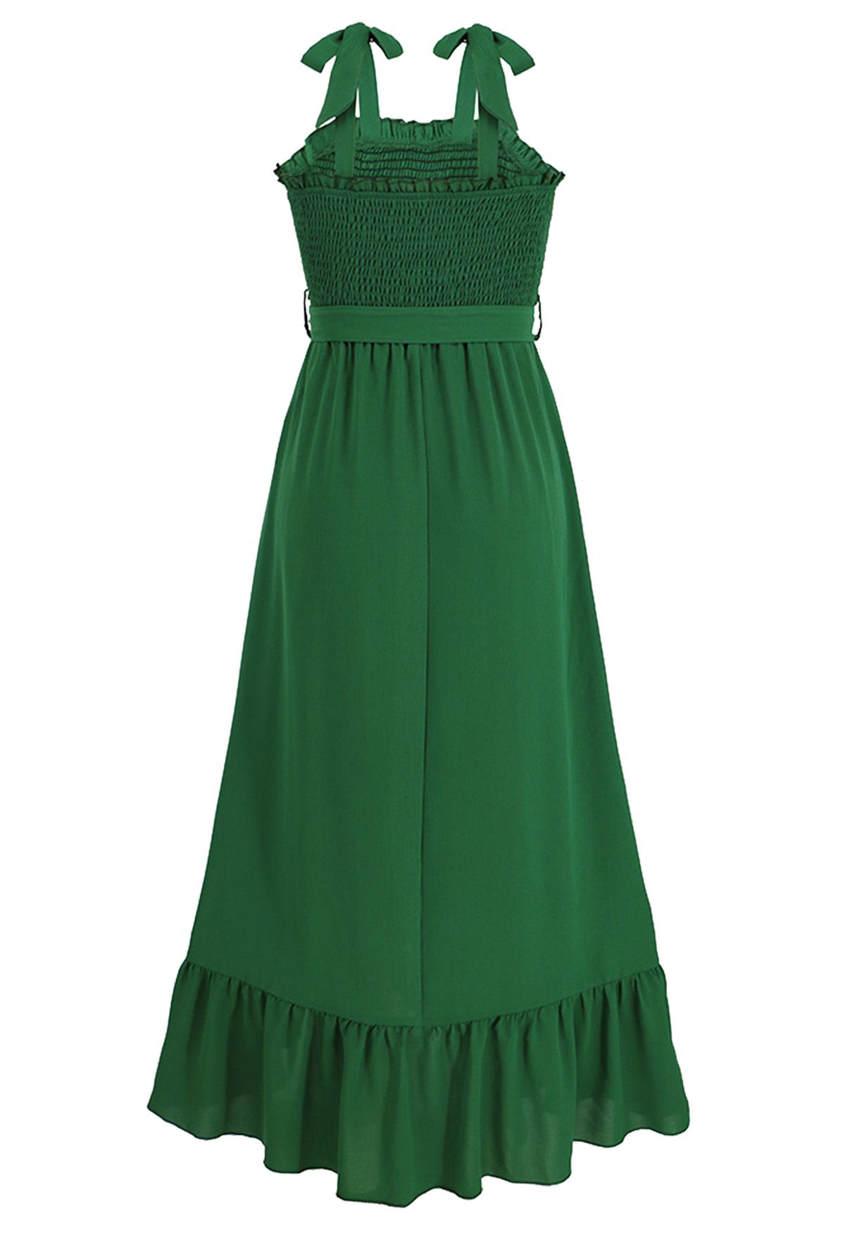 Irregular Ruffle Hem Tie-Strap Midi Dress in Green