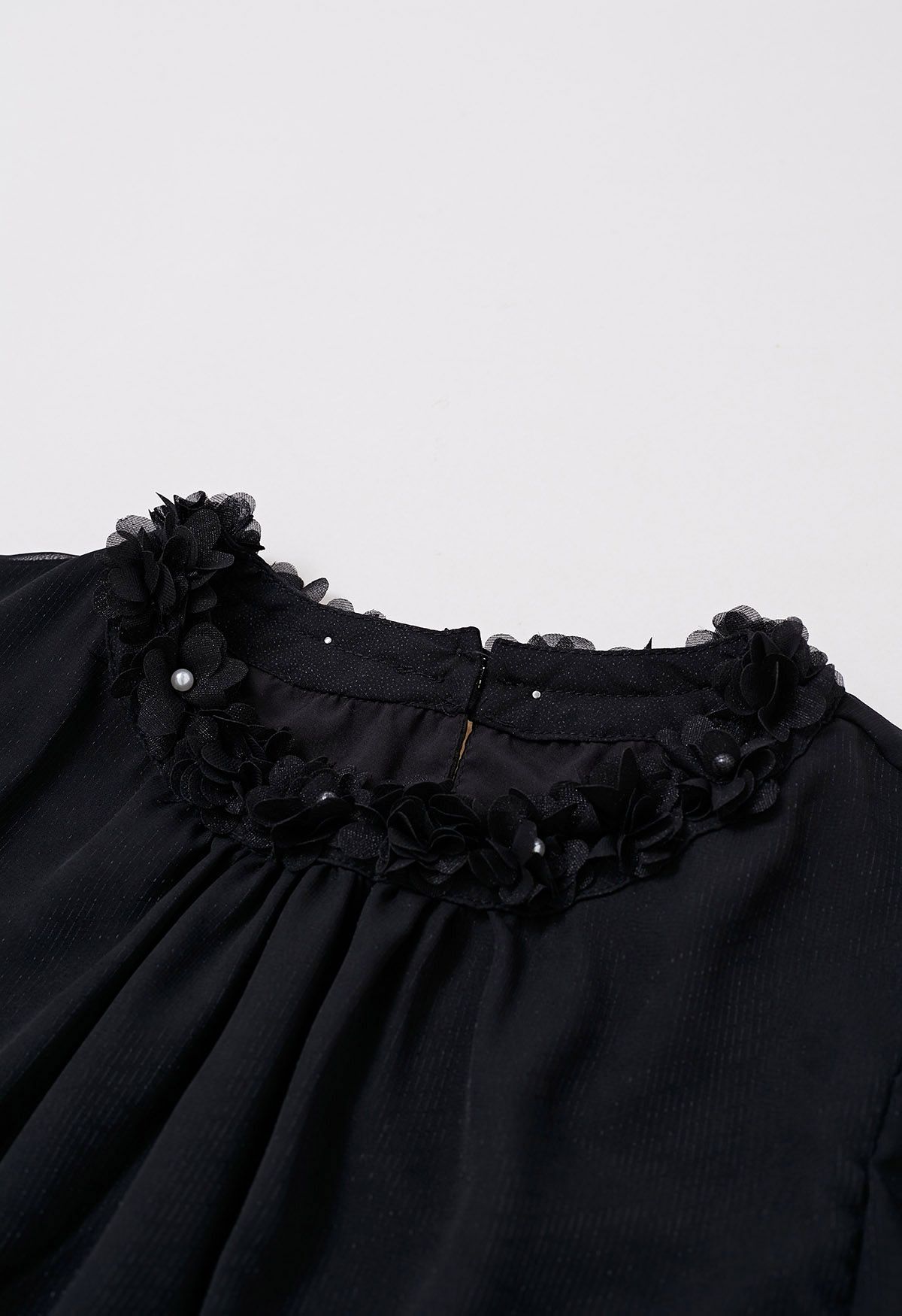 3D Petal Neckline Semi-Sheer Top in Black