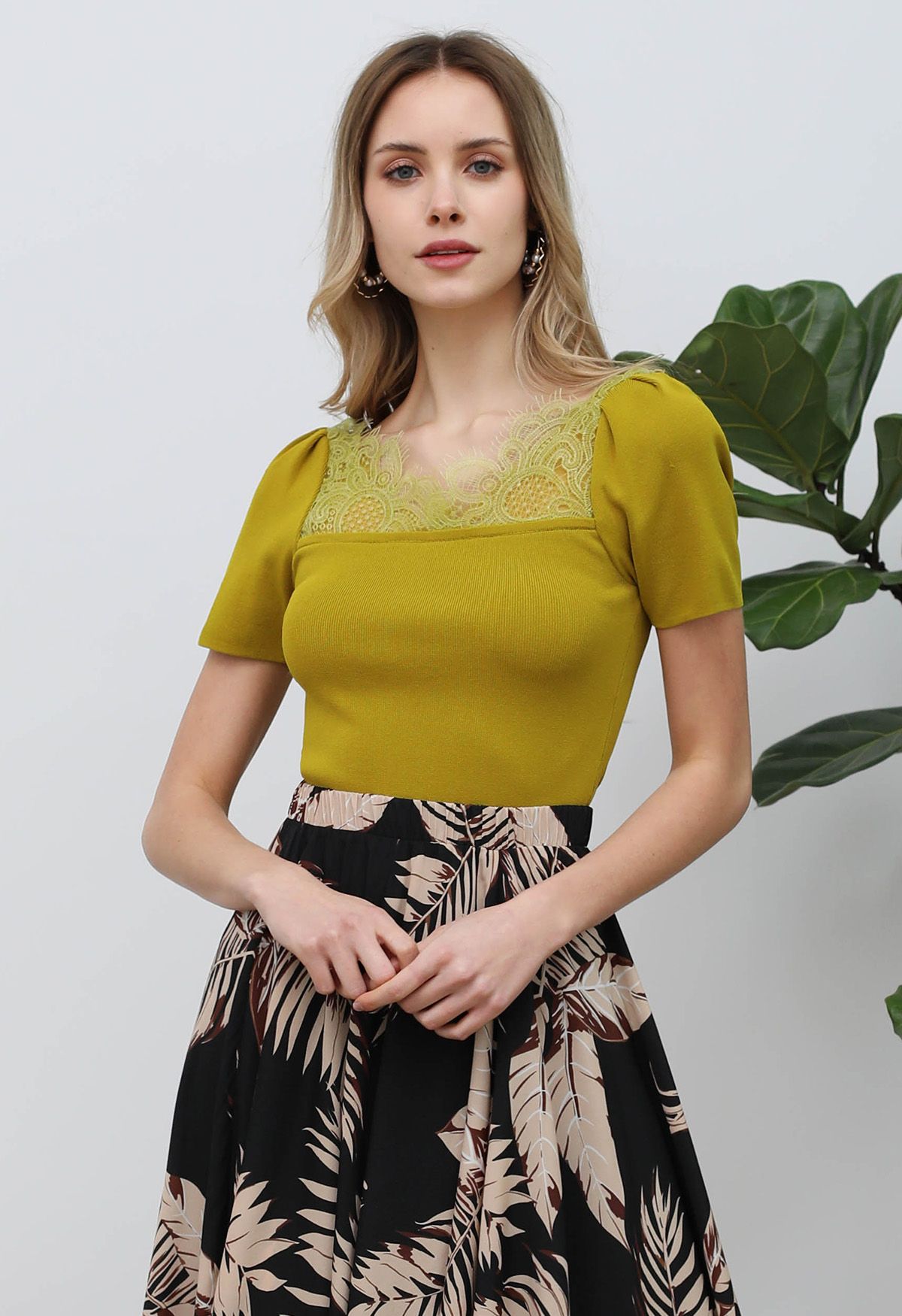 Lace Spliced Square Neckline Knit Top in Mustard