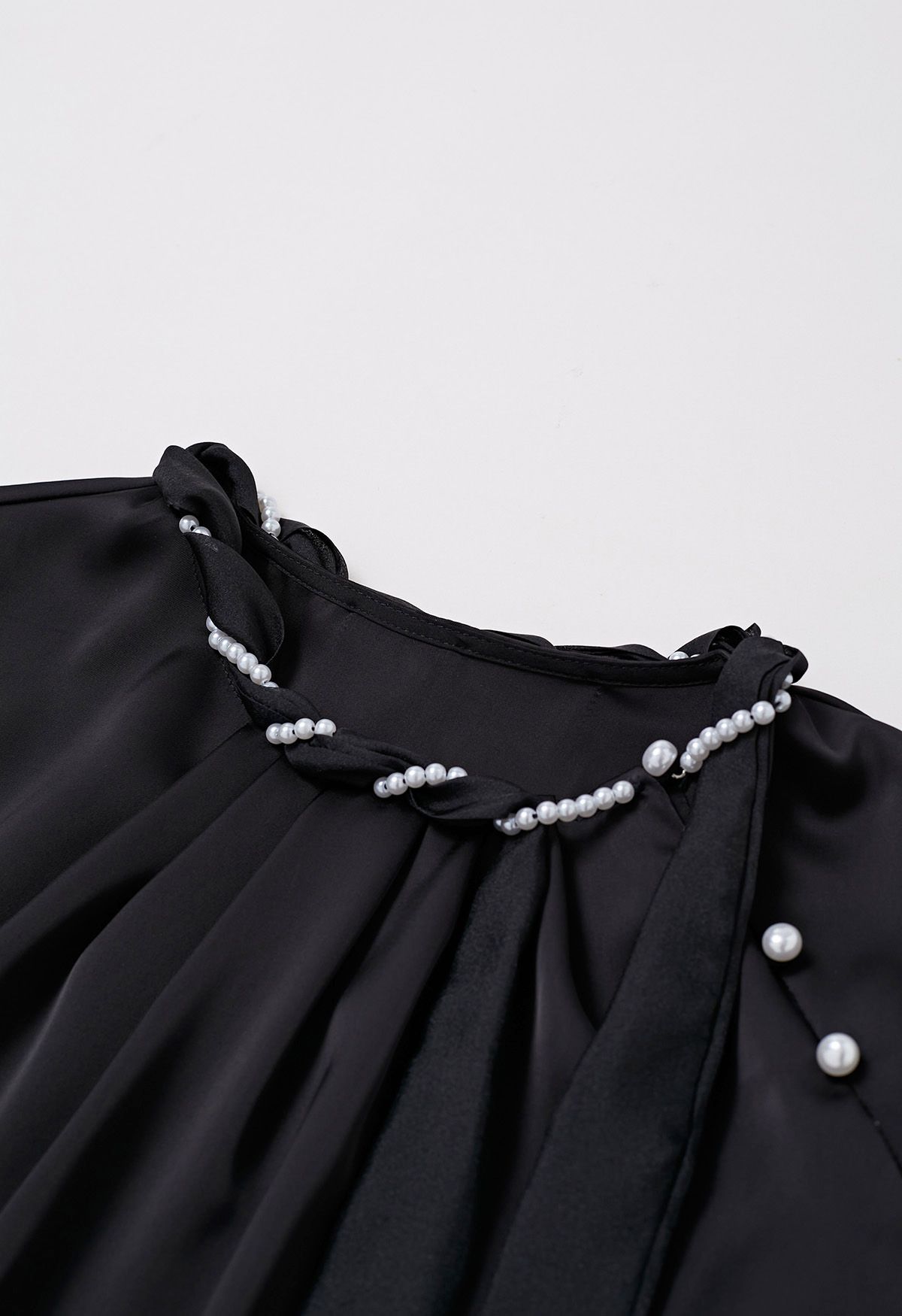 Pearly Neckline Side Bowknot Satin Top in Black