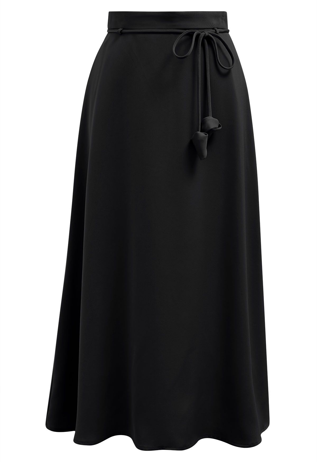 Glam Tie-Waist Midi Skirt in Black