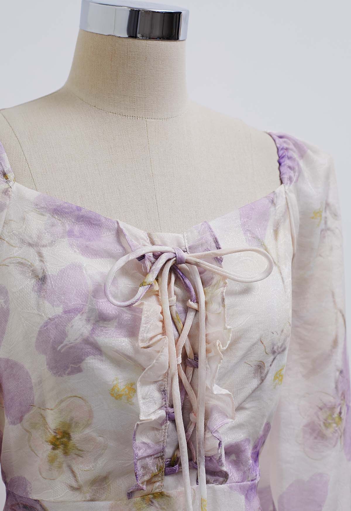 Step into Spring Floral Chiffon Midi Dress in Lilac