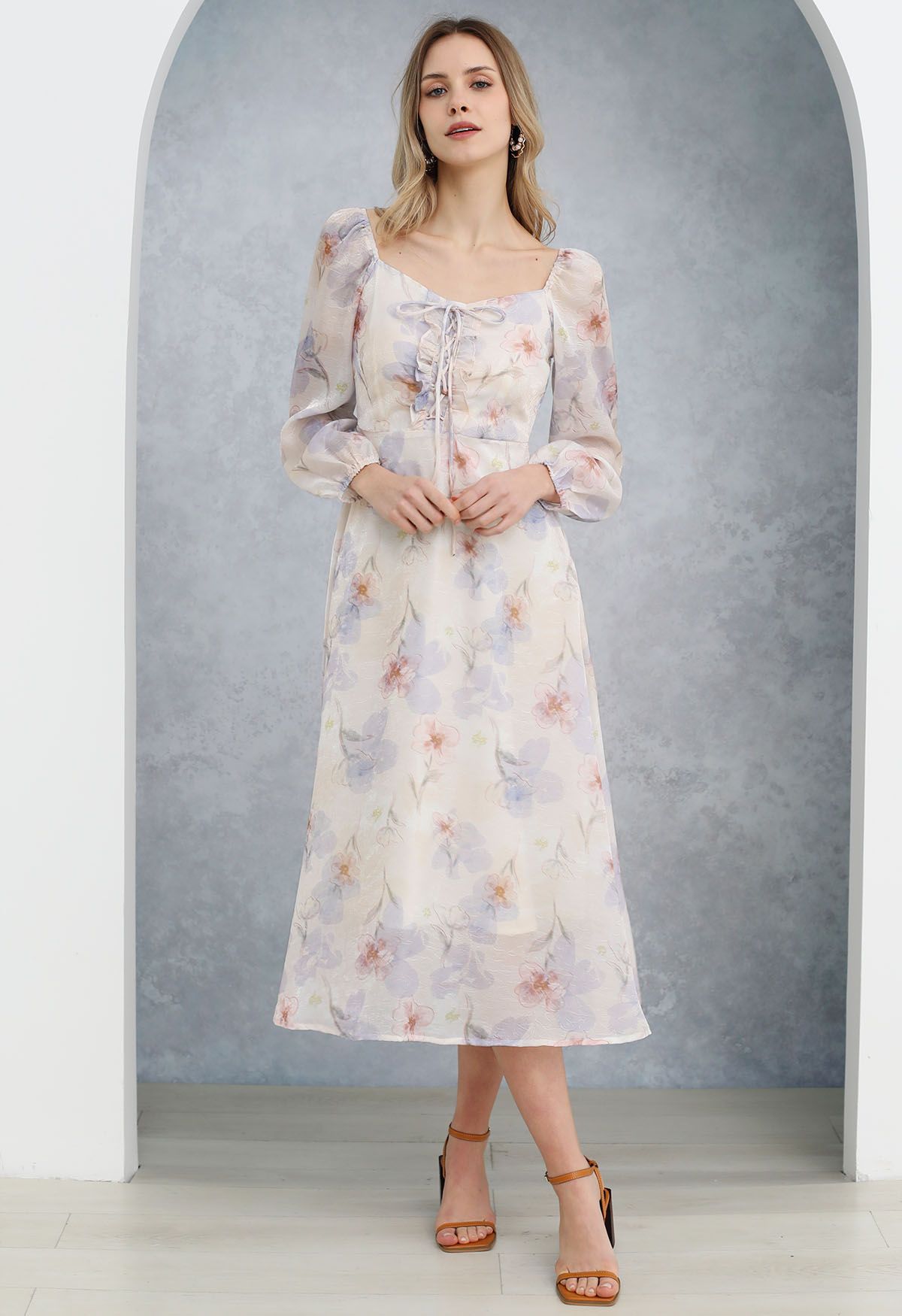 Step into Spring Floral Chiffon Midi Dress in Light Blue