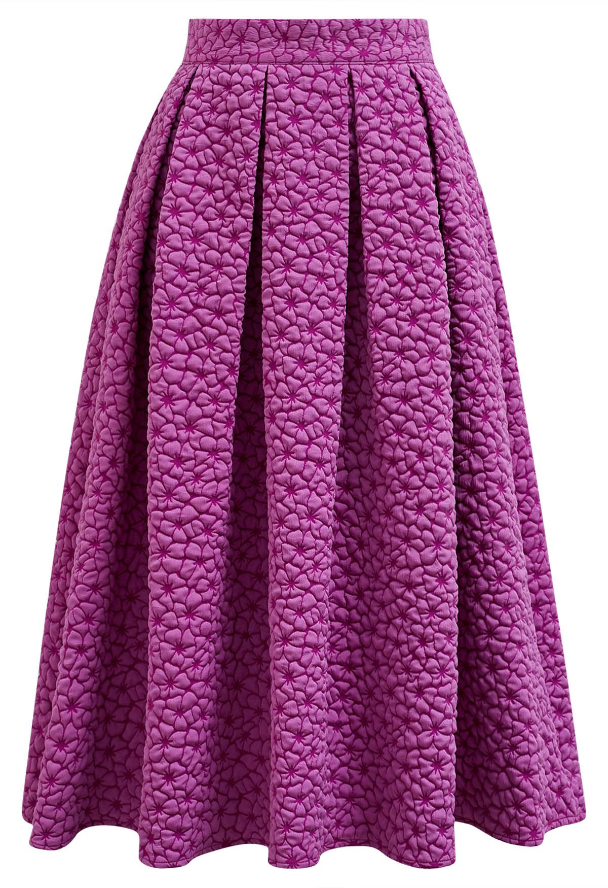 Embossed Floral A-Line Pleated Midi Skirt in Magenta