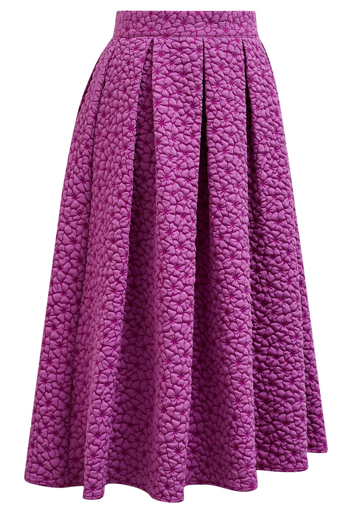 Embossed Floral A-Line Pleated Midi Skirt in Magenta