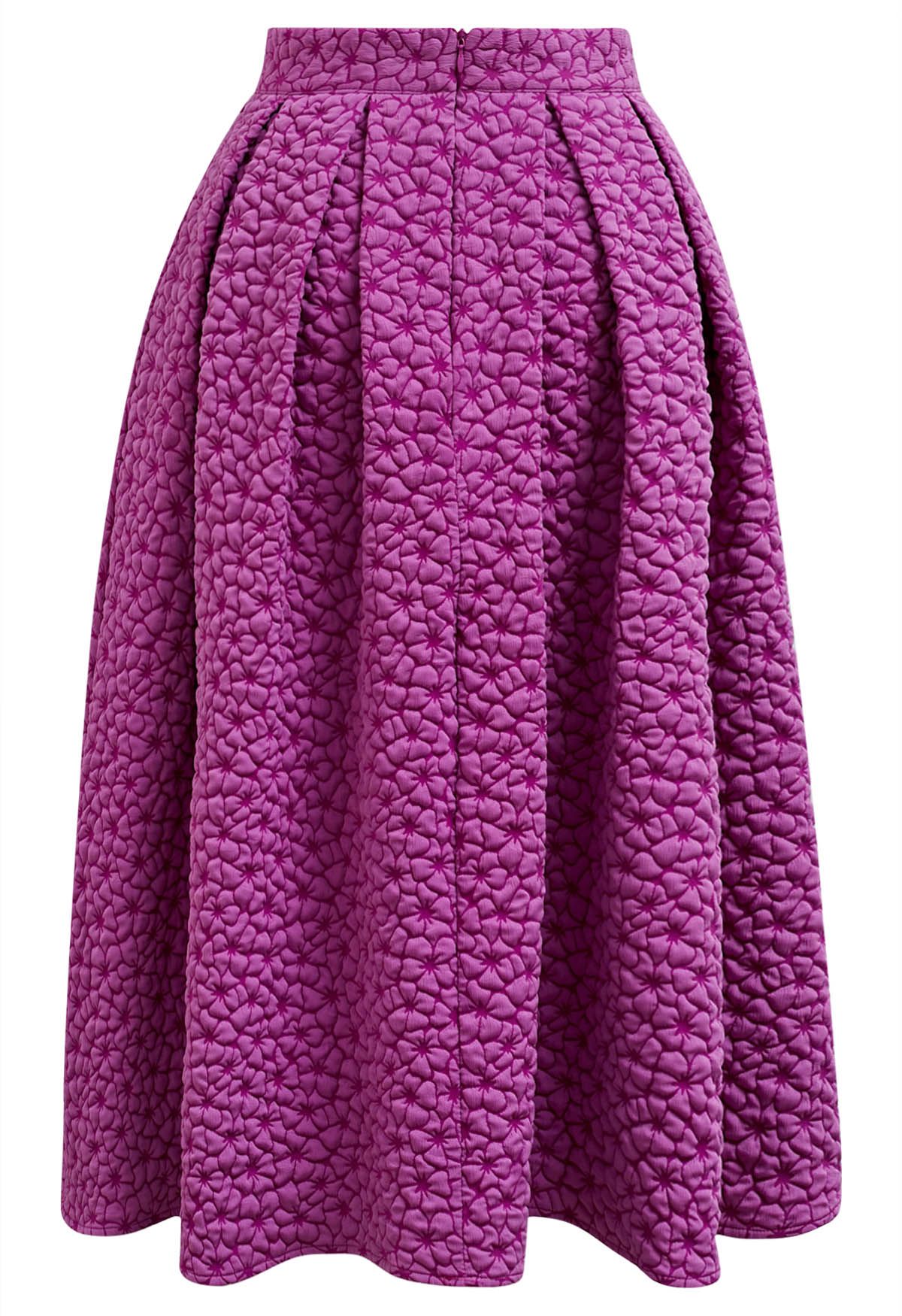 Embossed Floral A-Line Pleated Midi Skirt in Magenta