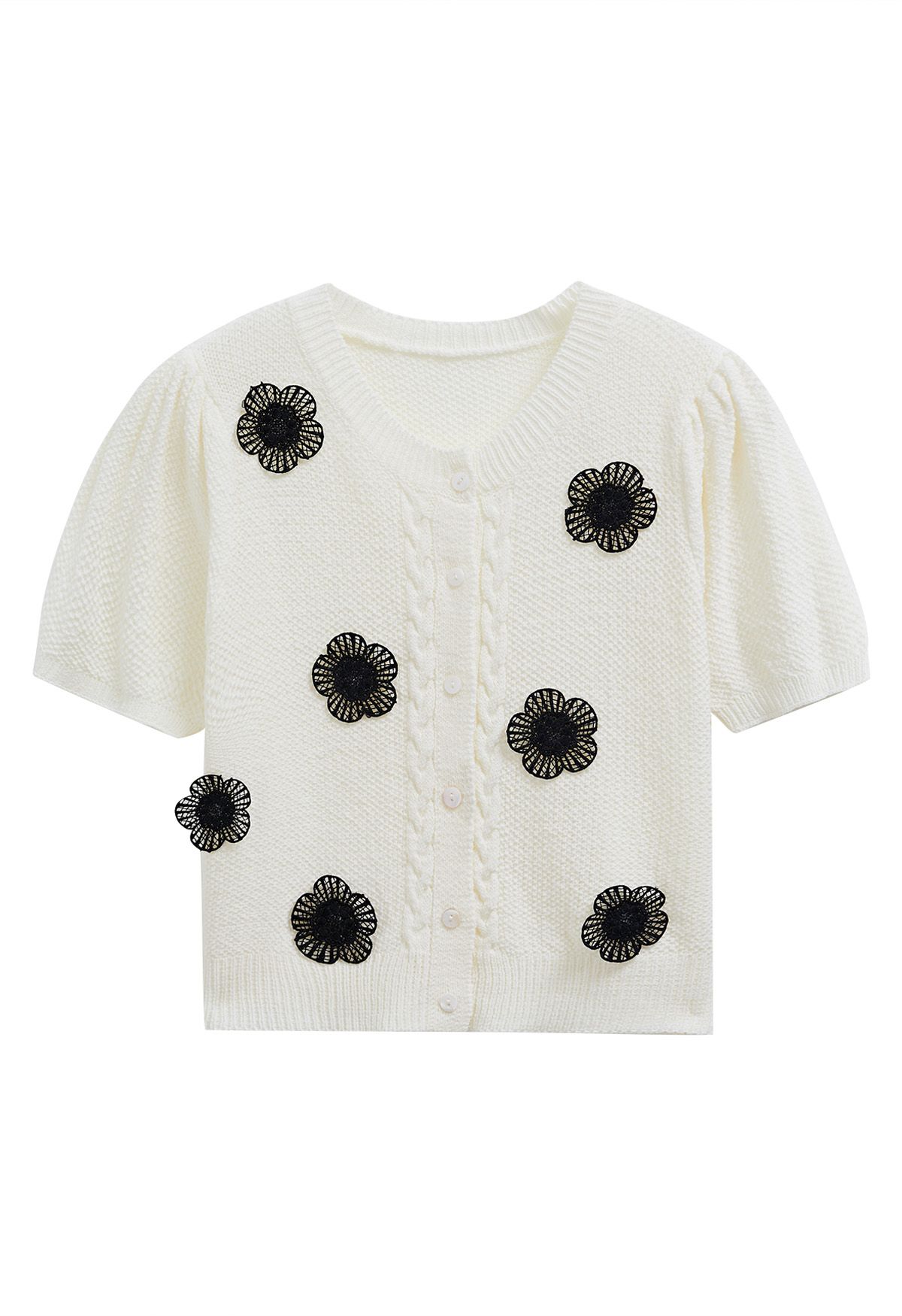 Crochet Flower Adorned Short Sleeve Knit Cardigan in Ivory