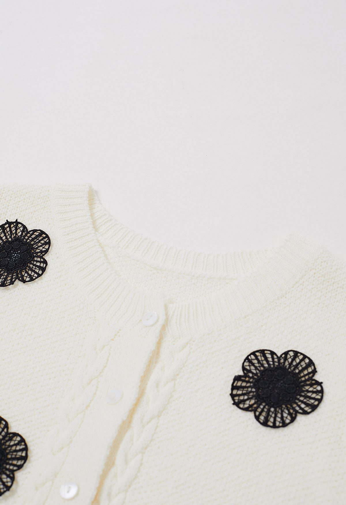 Crochet Flower Adorned Short Sleeve Knit Cardigan in Ivory