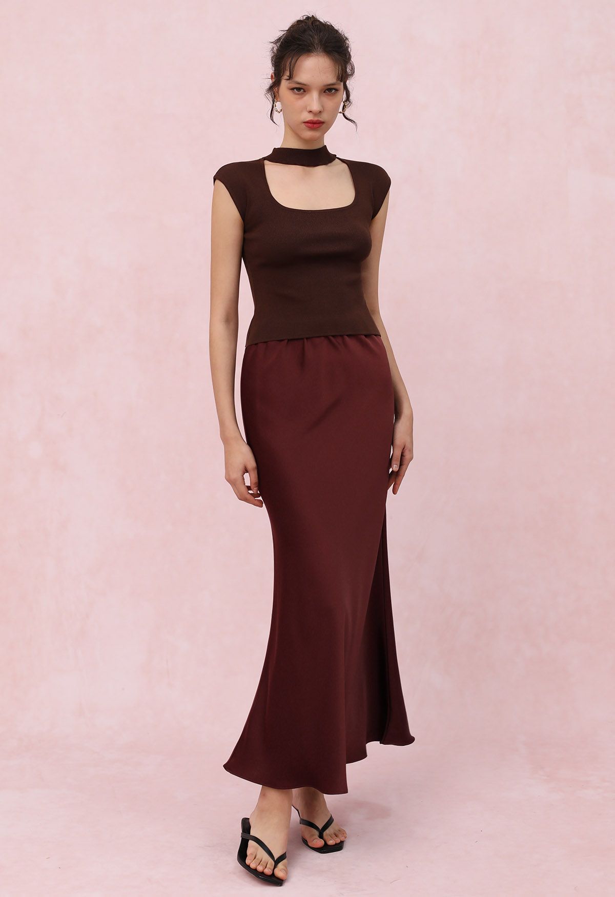 Satin Finish Mermaid Maxi Skirt in Burgundy Retro Indie and Unique Fashion