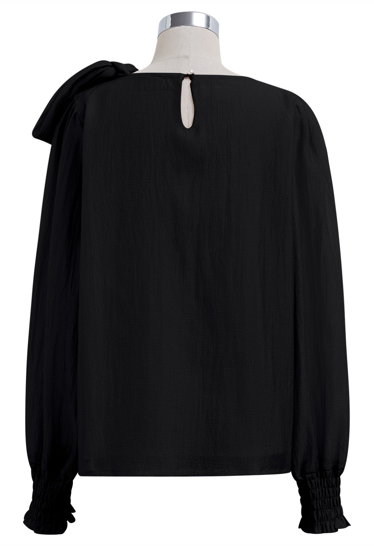 Self-Tie Side Bowknot Sheer Top in Black