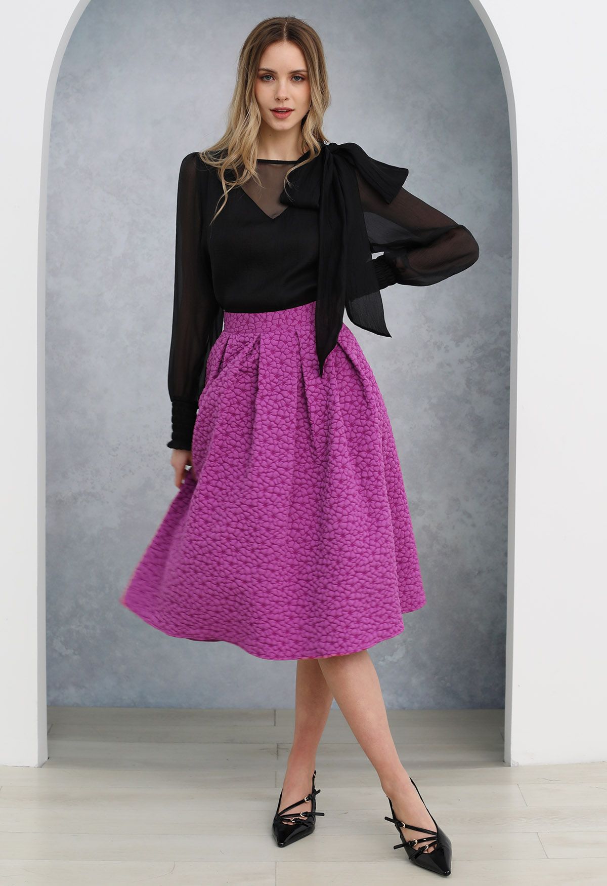 Embossed Floral A-Line Pleated Midi Skirt in Magenta