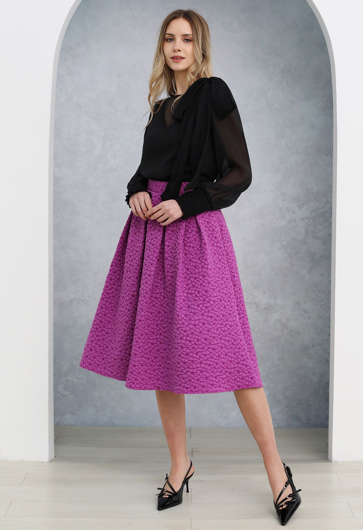 Embossed Floral A-Line Pleated Midi Skirt in Magenta