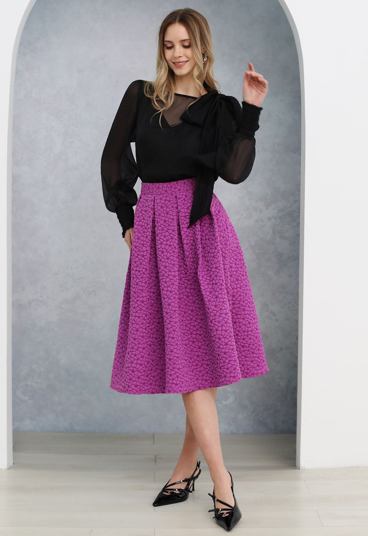 Embossed Floral A-Line Pleated Midi Skirt in Magenta