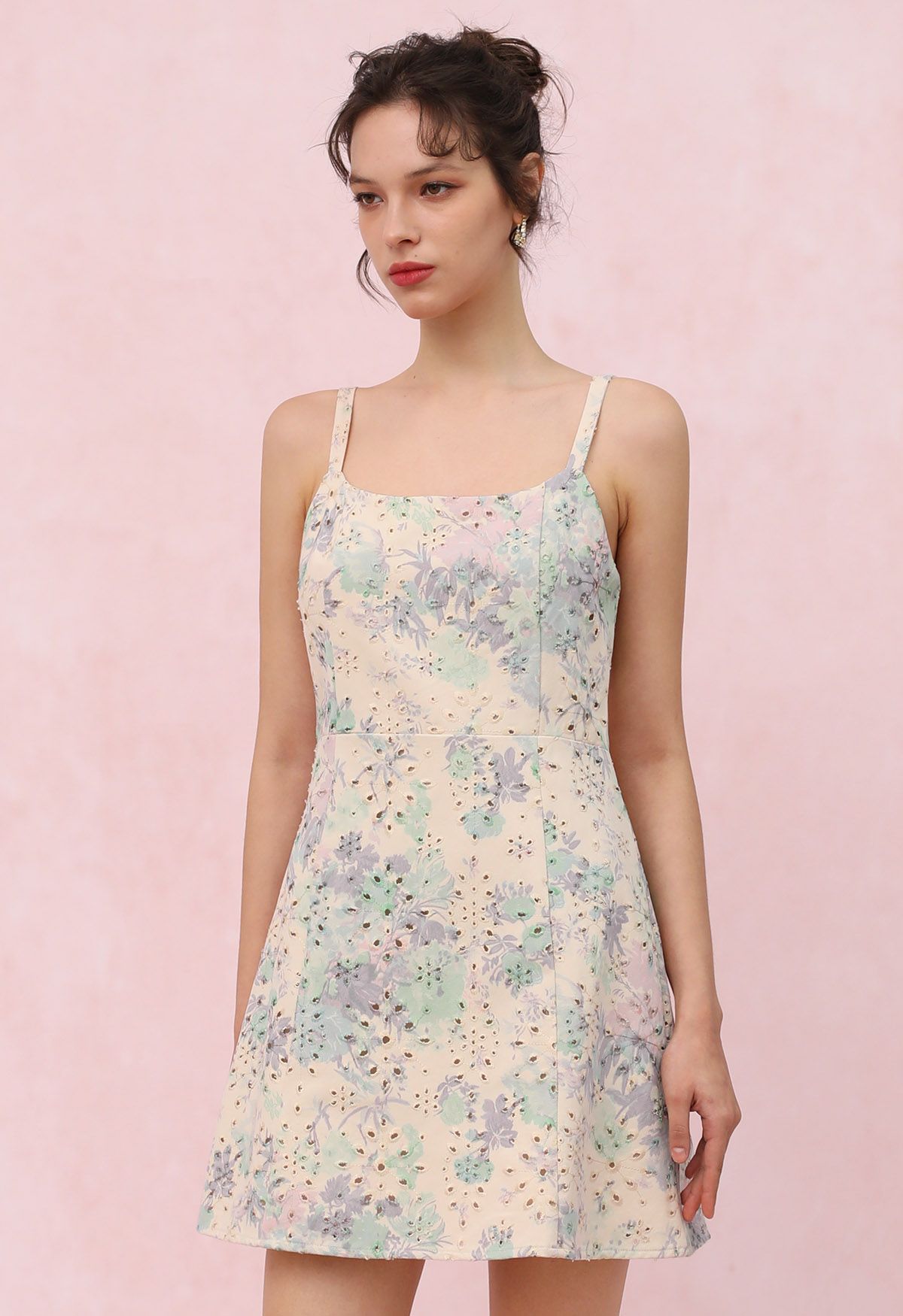 Rose Printed Eyelet Embroidered Cami Denim Dress in Lavender - Retro, Indie  and Unique Fashion