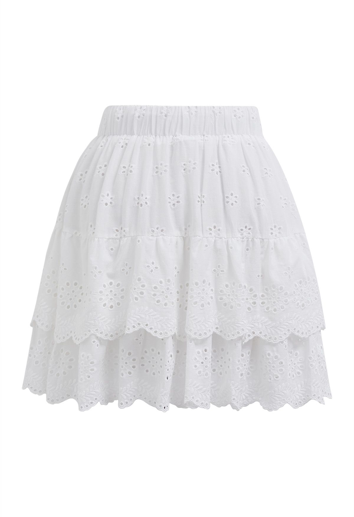 Eyelet Embroidery Tiered Mini Skirt in White